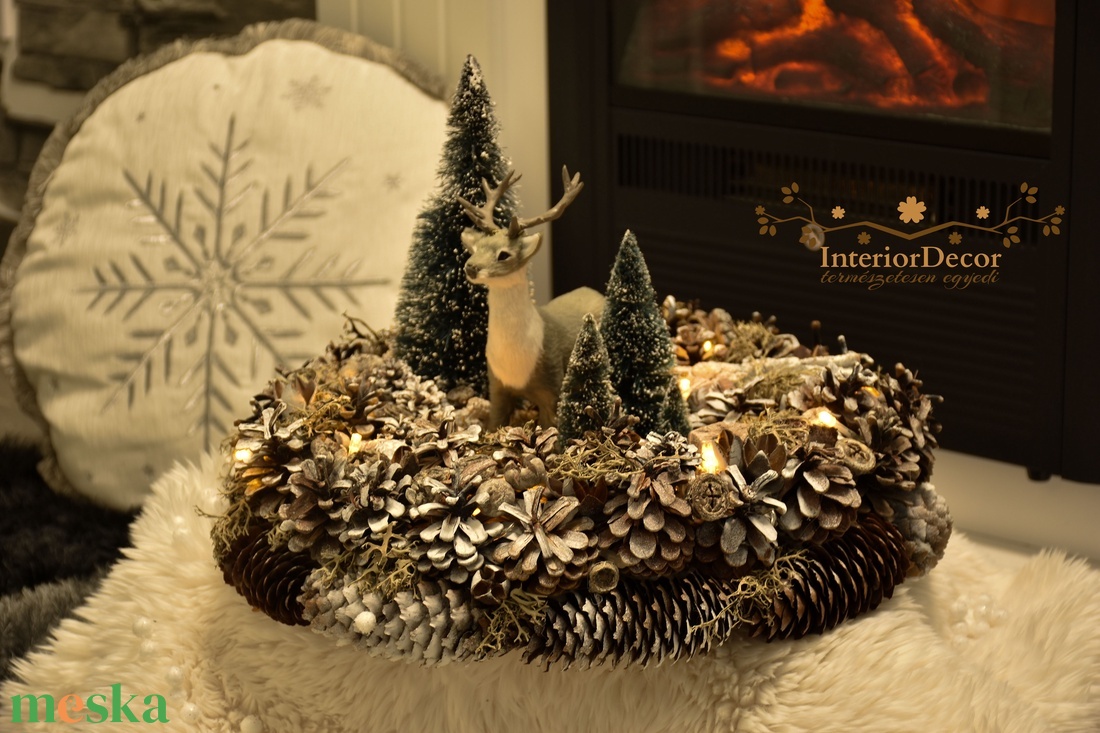 HATALMAS szürke szarvasos világítós asztali koszorú - karácsony - adventi díszek - adventi gyertyadíszek és koszorúdíszek - Meska.hu