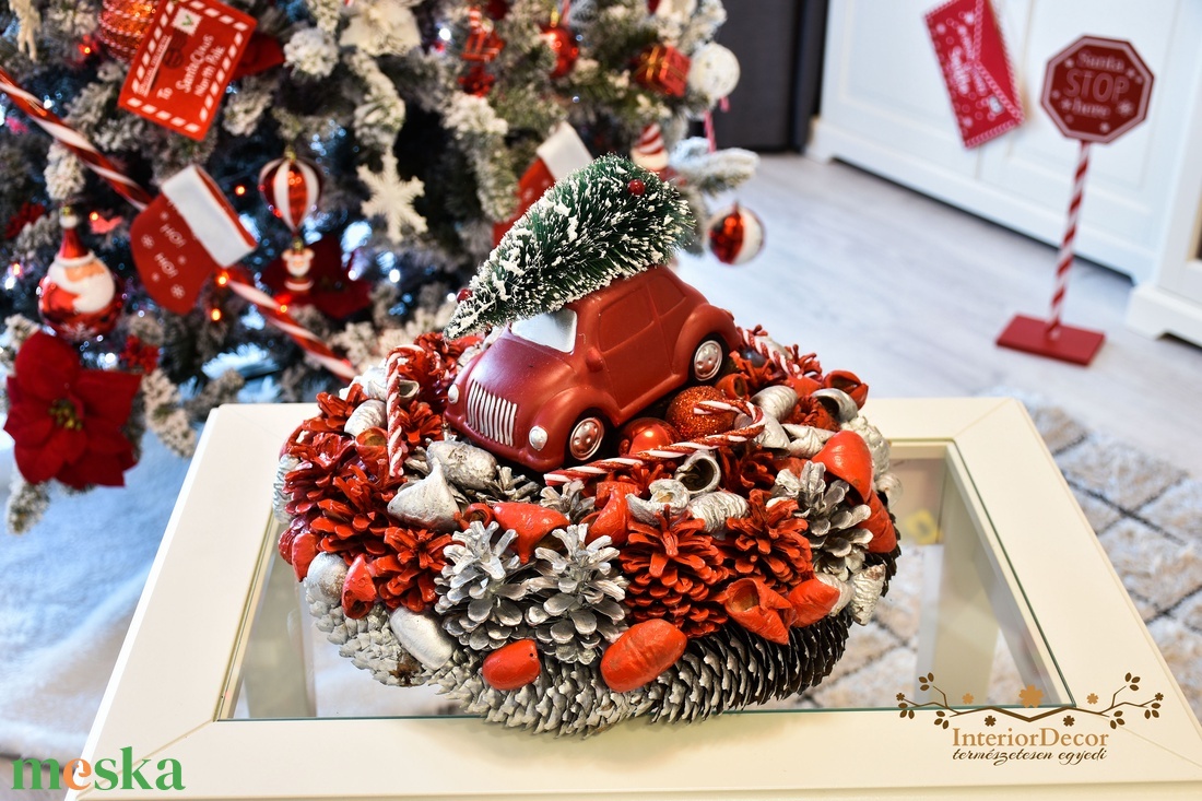 Nagyméretű piros-ezüst autós világítós asztali koszorú - karácsony - adventi díszek - adventi gyertyadíszek és koszorúdíszek - Meska.hu