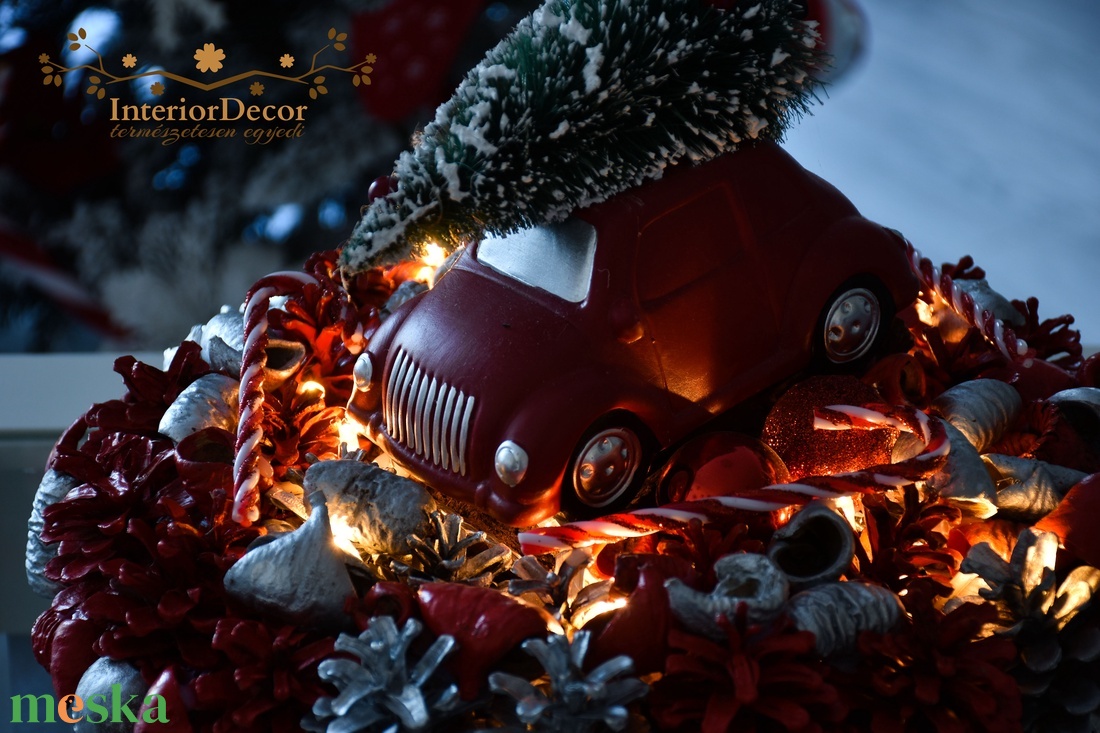 Nagyméretű piros-ezüst autós világítós asztali koszorú - karácsony - adventi díszek - adventi gyertyadíszek és koszorúdíszek - Meska.hu