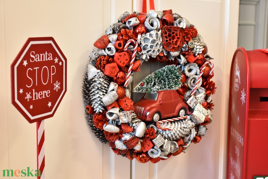 Hatalmas méretű piros-ezüst autós világítós kopogtató - karácsony - adventi díszek - adventi gyertyadíszek és koszorúdíszek - Meska.hu