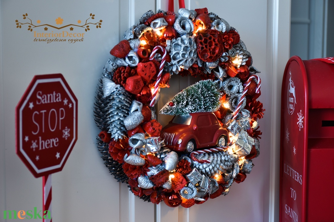 Hatalmas méretű piros-ezüst autós világítós kopogtató - karácsony - adventi díszek - adventi gyertyadíszek és koszorúdíszek - Meska.hu