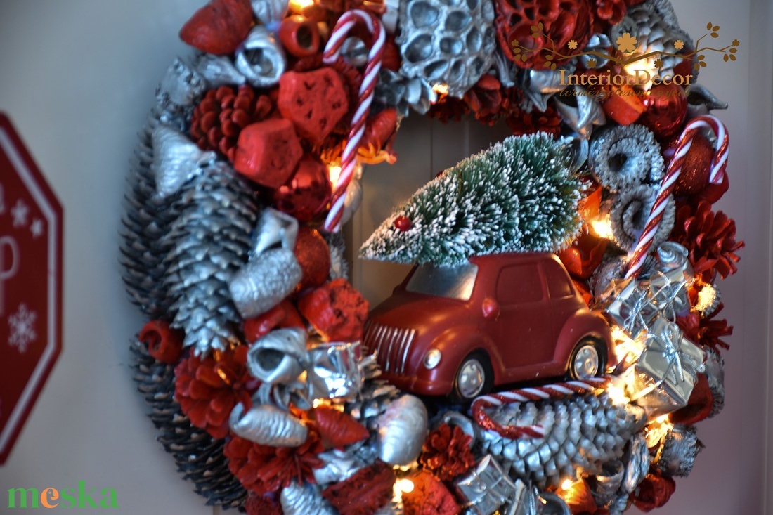 Hatalmas méretű piros-ezüst autós világítós kopogtató - karácsony - adventi díszek - adventi gyertyadíszek és koszorúdíszek - Meska.hu