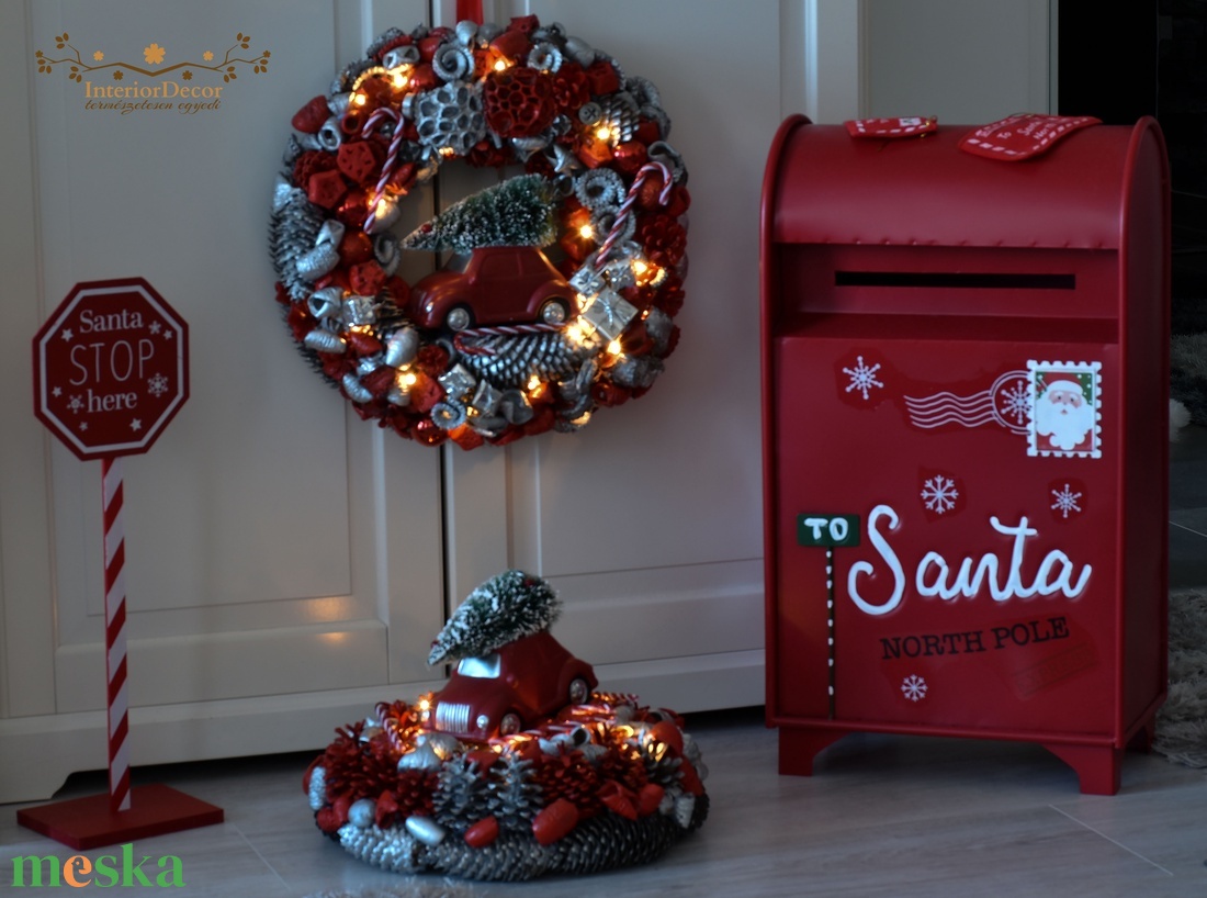 Hatalmas méretű piros-ezüst autós világítós kopogtató - karácsony - adventi díszek - adventi gyertyadíszek és koszorúdíszek - Meska.hu