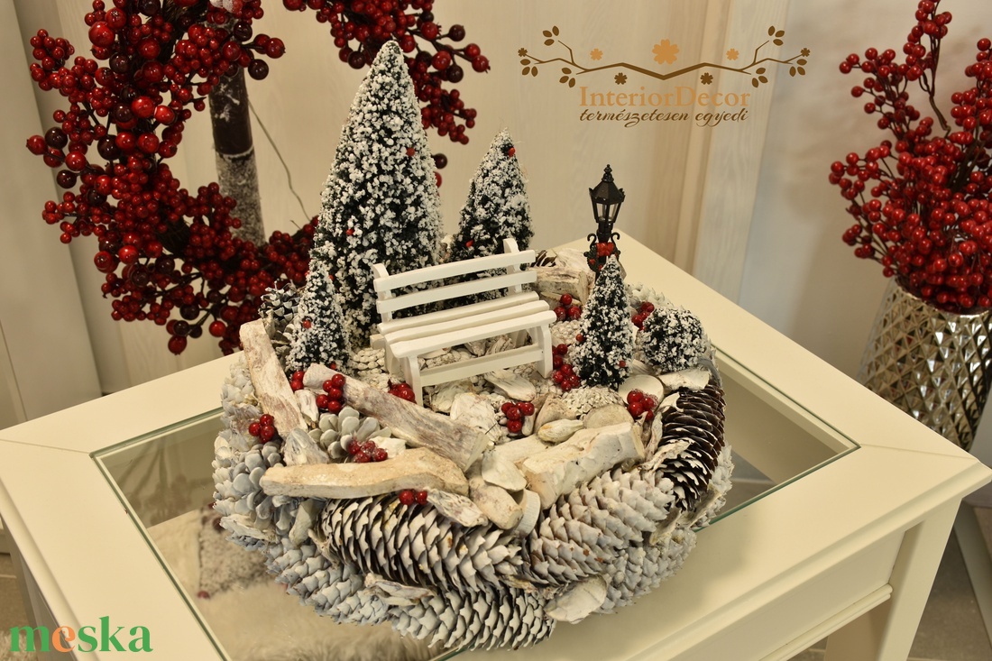 Nagyméretű téli életkép asztali koszorú világítással - karácsony - adventi díszek - adventi asztaldísz - Meska.hu