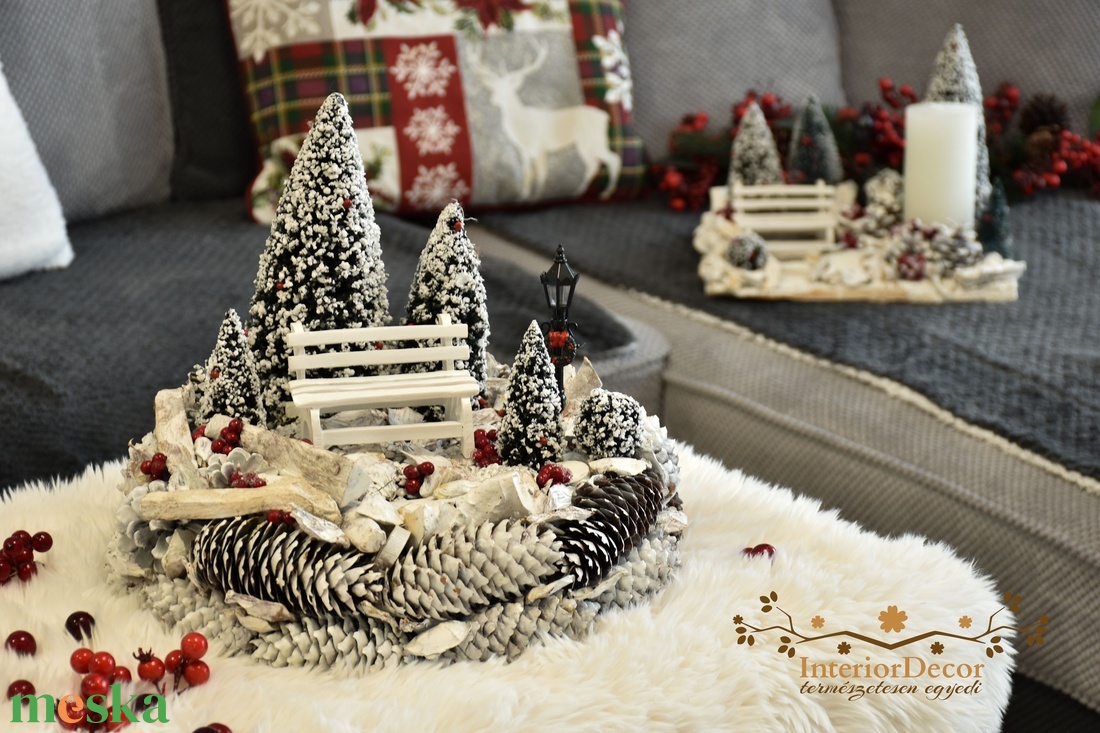 Nagyméretű téli életkép asztali koszorú világítással - karácsony - adventi díszek - adventi asztaldísz - Meska.hu