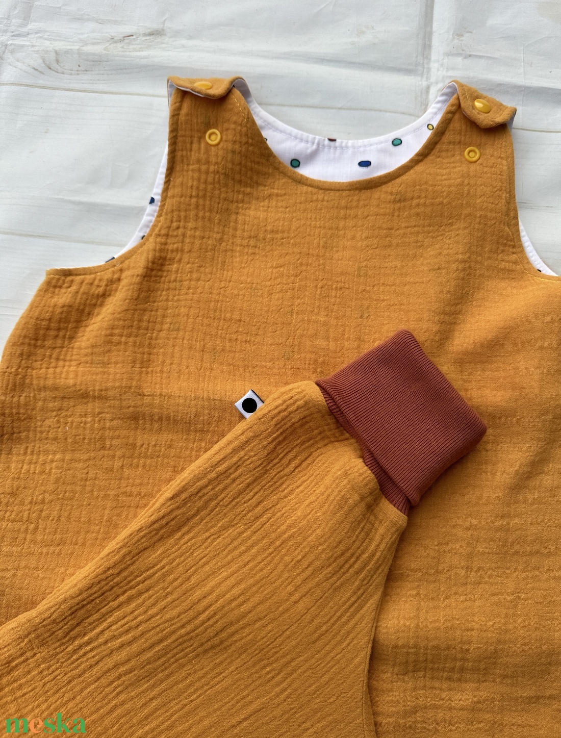 Duplagéz tipegős hálózsák  (92-98), mustár - ruha & divat - babaruha & gyerekruha - tipegőhálózsák - Meska.hu