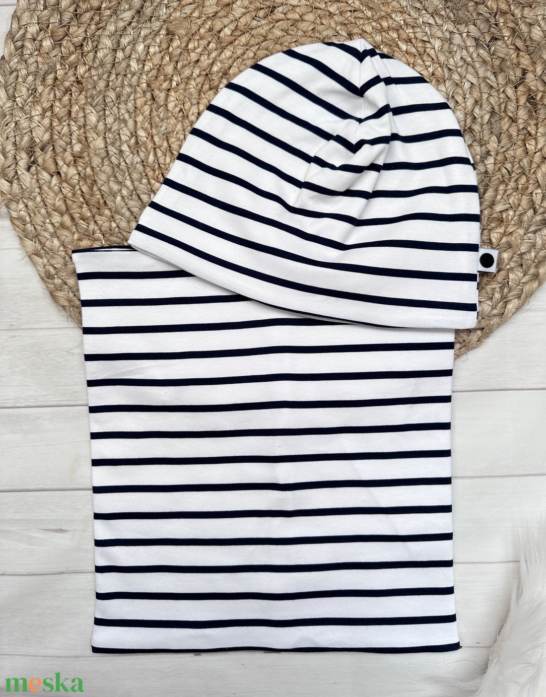 Gyermek sapka, csősál csomag - sötétkék-fehér csíkos - ruha & divat - sál, sapka, kendő - sapka & sál szett - Meska.hu