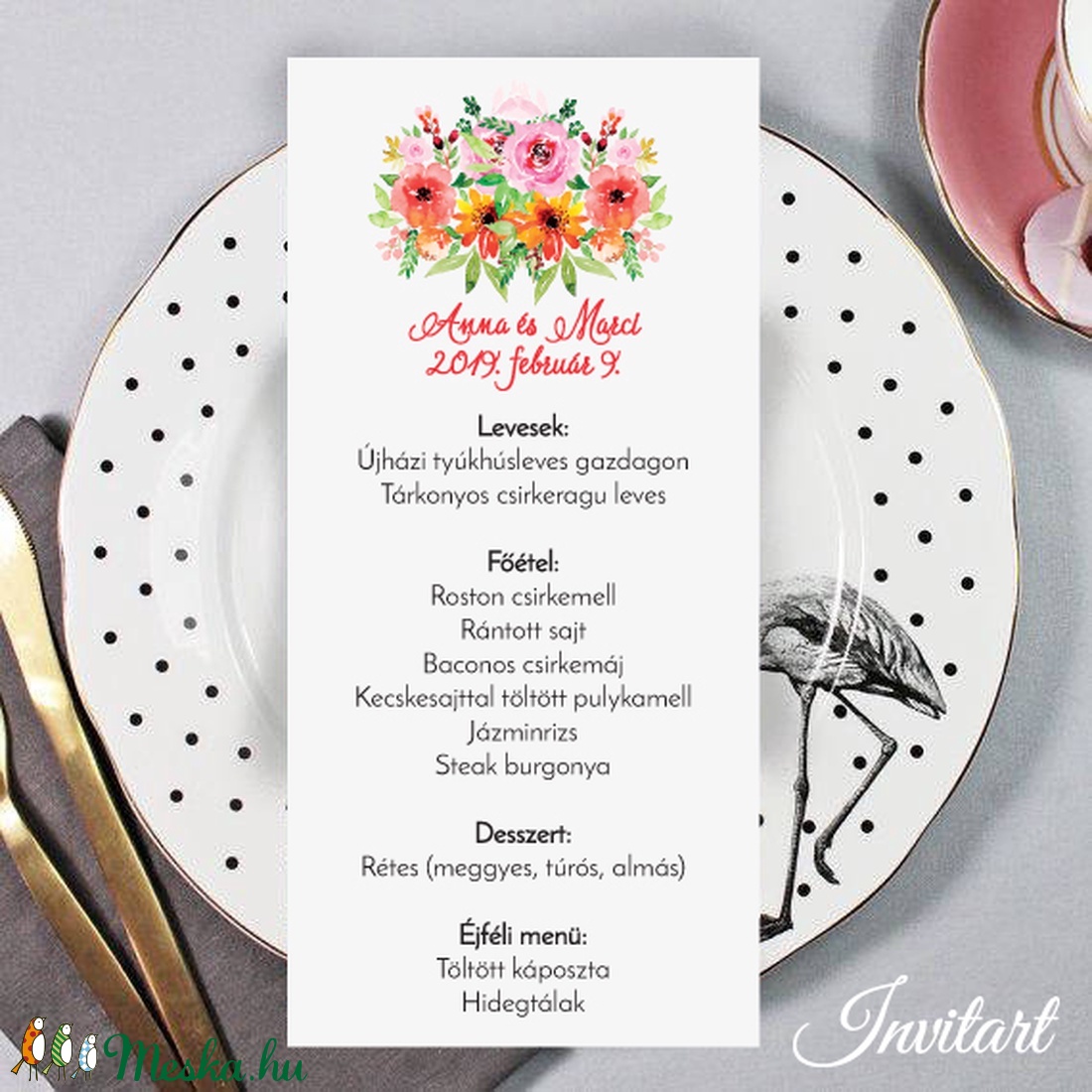 Egylapos menülap/menükártya - esküvő - meghívó & kártya - menü - Meska.hu