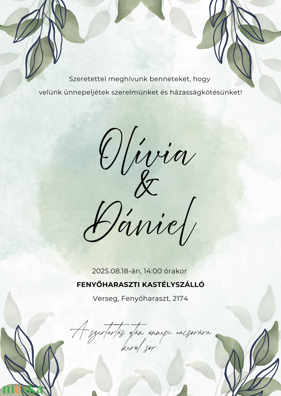 Digitális esküvői meghívó  minimalista zöld dizájnnal  - esküvő - meghívó & kártya - meghívó - Meska.hu