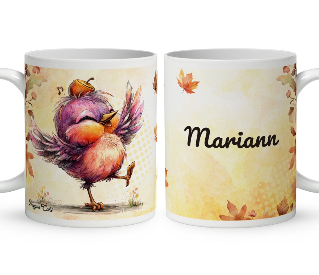 Névvel kérhető - Cuki őszi táncoló kismadár mintás bögre - otthon & életmód - konyhafelszerelés, tálalás - tálalás - bögre & csésze - Meska.hu