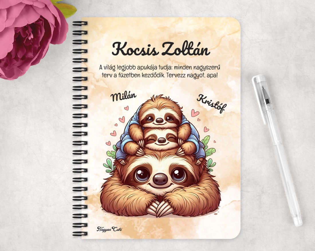 Személyre szabható - Cuki lajhár Apa és két gyerek - Kicsi a rakás mintás A6-os füzet - otthon & életmód - papír, írószer - jegyzetfüzet & napló - Meska.hu