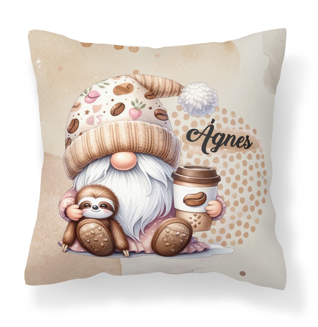 Névvel kérhető - Kávés manó cuki lajhárral mintás párna - otthon & életmód - lakástextil - párna & párnahuzat - díszpárna (belsővel együtt) - Meska.hu