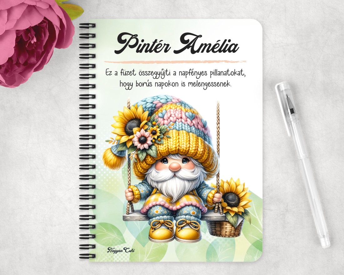 Személyre szabható - Szép szemű hintázó napraforgós manó mintás A6-os füzet - otthon & életmód - papír, írószer - jegyzetfüzet & napló - Meska.hu