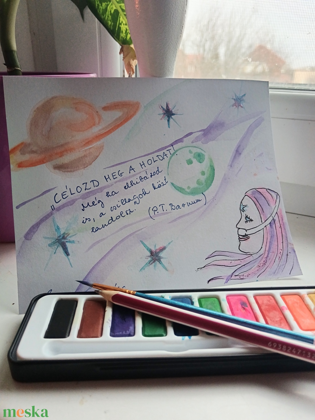 Célozd meg a Holdat � egyedi, kézzel festett akvarell képeslap - otthon & életmód - papír, írószer - ajándékozás kellékei - képeslap, üdvözlőlap - Meska.hu