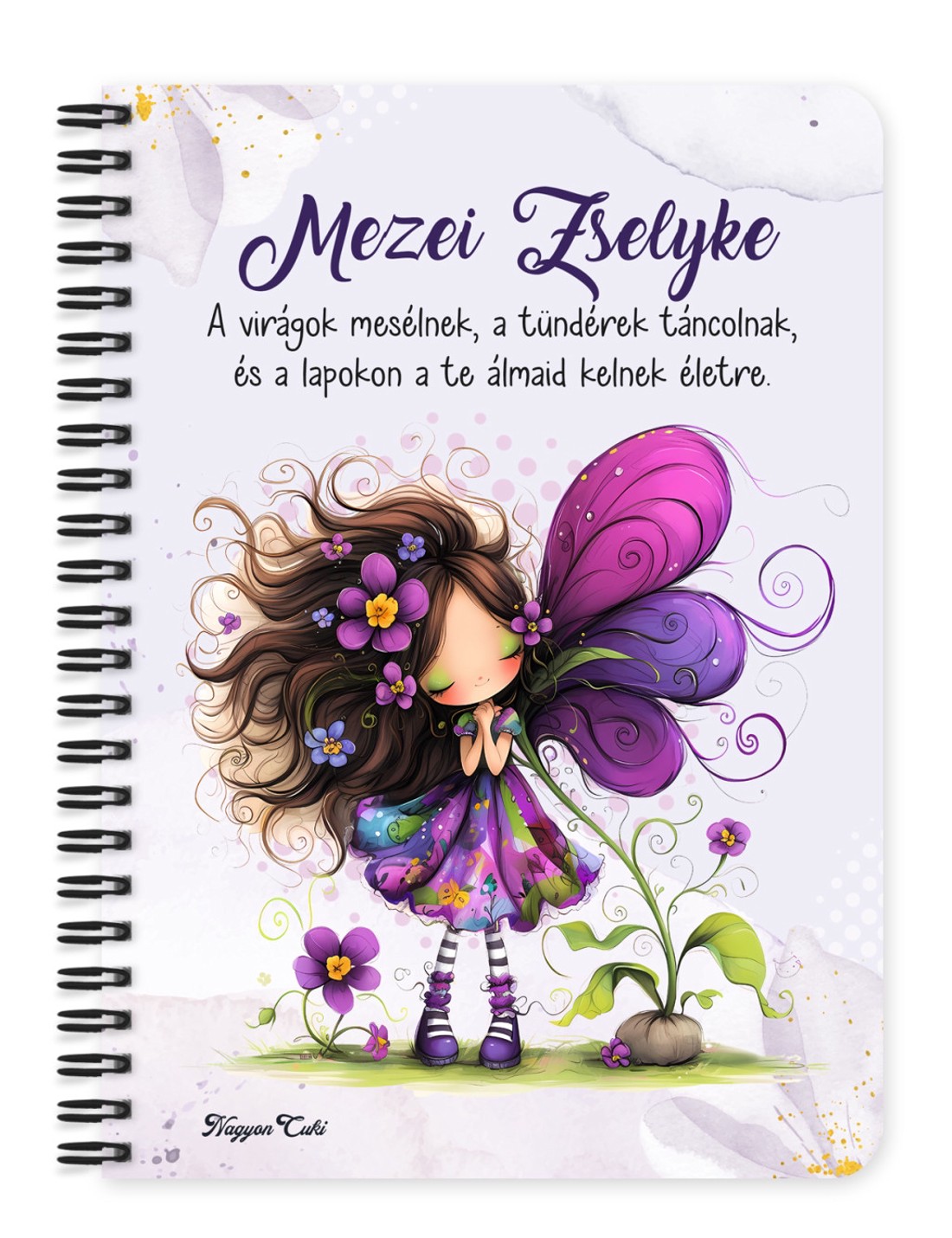Személyre szabható - Cuki ibolya virágos tündér mintás A5-ös füzet - otthon & életmód - papír, írószer - jegyzetfüzet & napló - Meska.hu