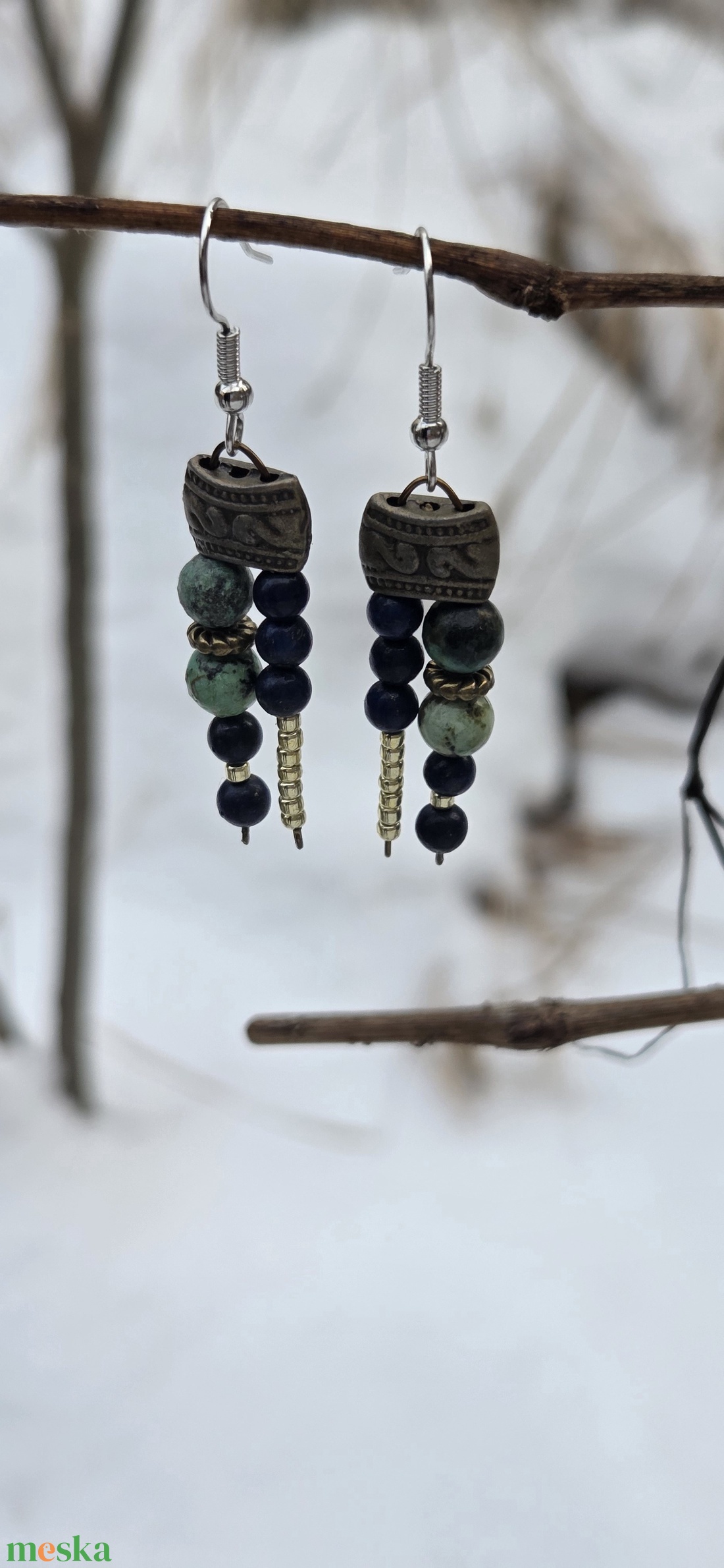 'KIMÉRA' kézműves fülbevaló lápisszal és afrikai türkizzel - ékszer - fülbevaló - lógó fülbevaló - Meska.hu