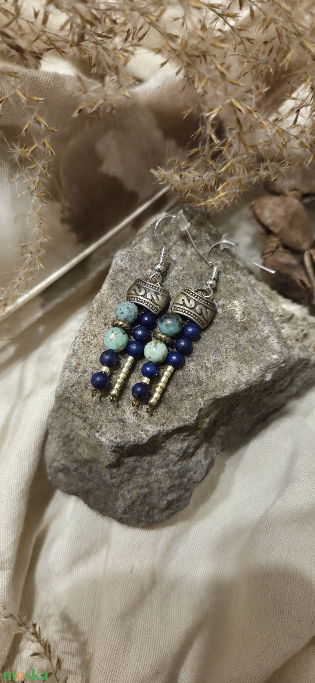 'KIMÉRA' kézműves fülbevaló lápisszal és afrikai türkizzel - ékszer - fülbevaló - lógó fülbevaló - Meska.hu