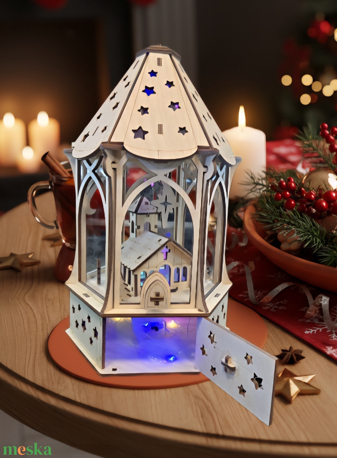 Karácsonyi lámpás templommal - karácsony - karácsonyi lakásdekoráció - karácsonyi fénydekoráció - Meska.hu