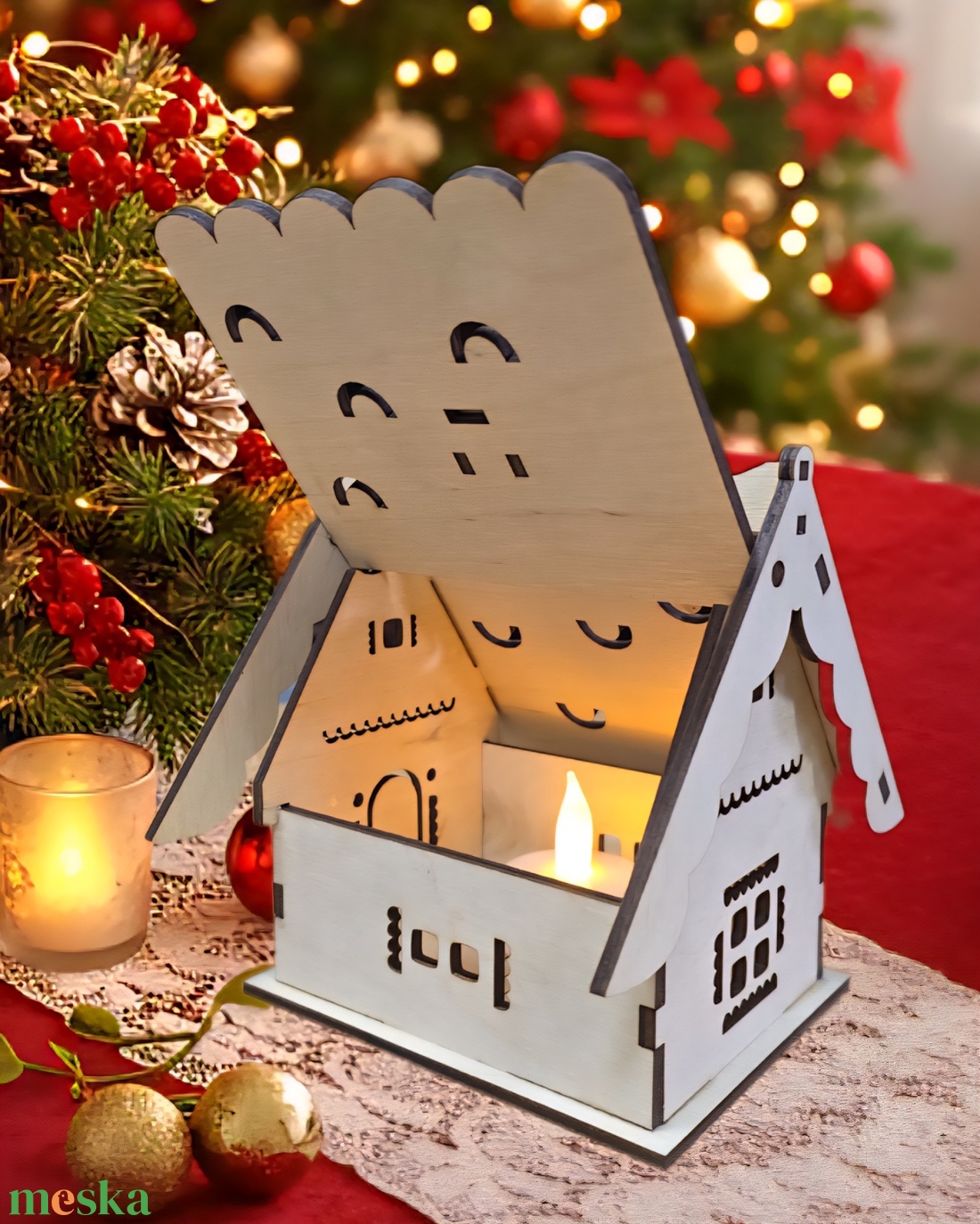 Mézeskalács Házikó,Fából Készült Karácsonyi Mécsestartó Dísz - karácsony - karácsonyi lakásdekoráció - karácsonyi fénydekoráció - Meska.hu