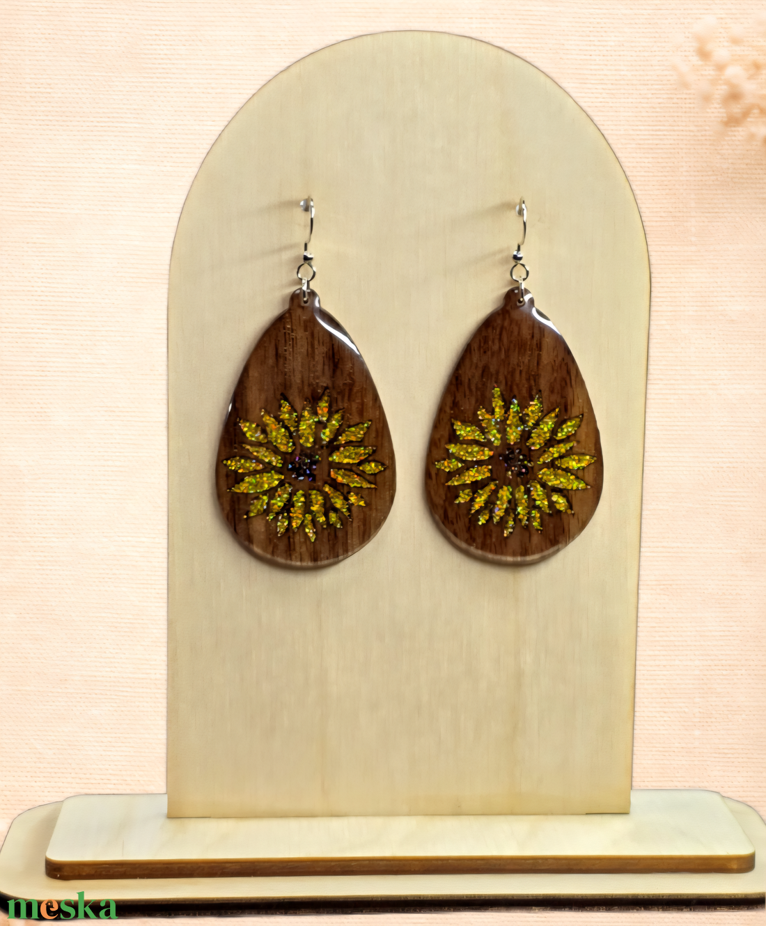 Arany Napraforgó � csillámos fa fülbevaló - ékszer - fülbevaló - lógó csepp fülbevaló - Meska.hu