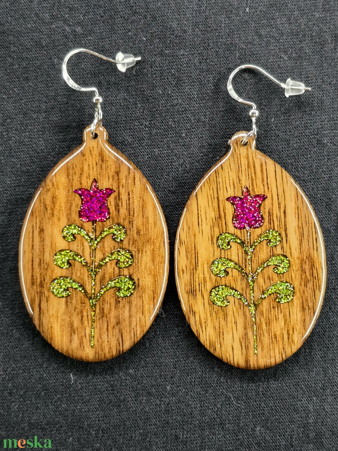 Csillámtulipán � kézzel készült fa fülbevaló - ékszer - fülbevaló - lógó csepp fülbevaló - Meska.hu