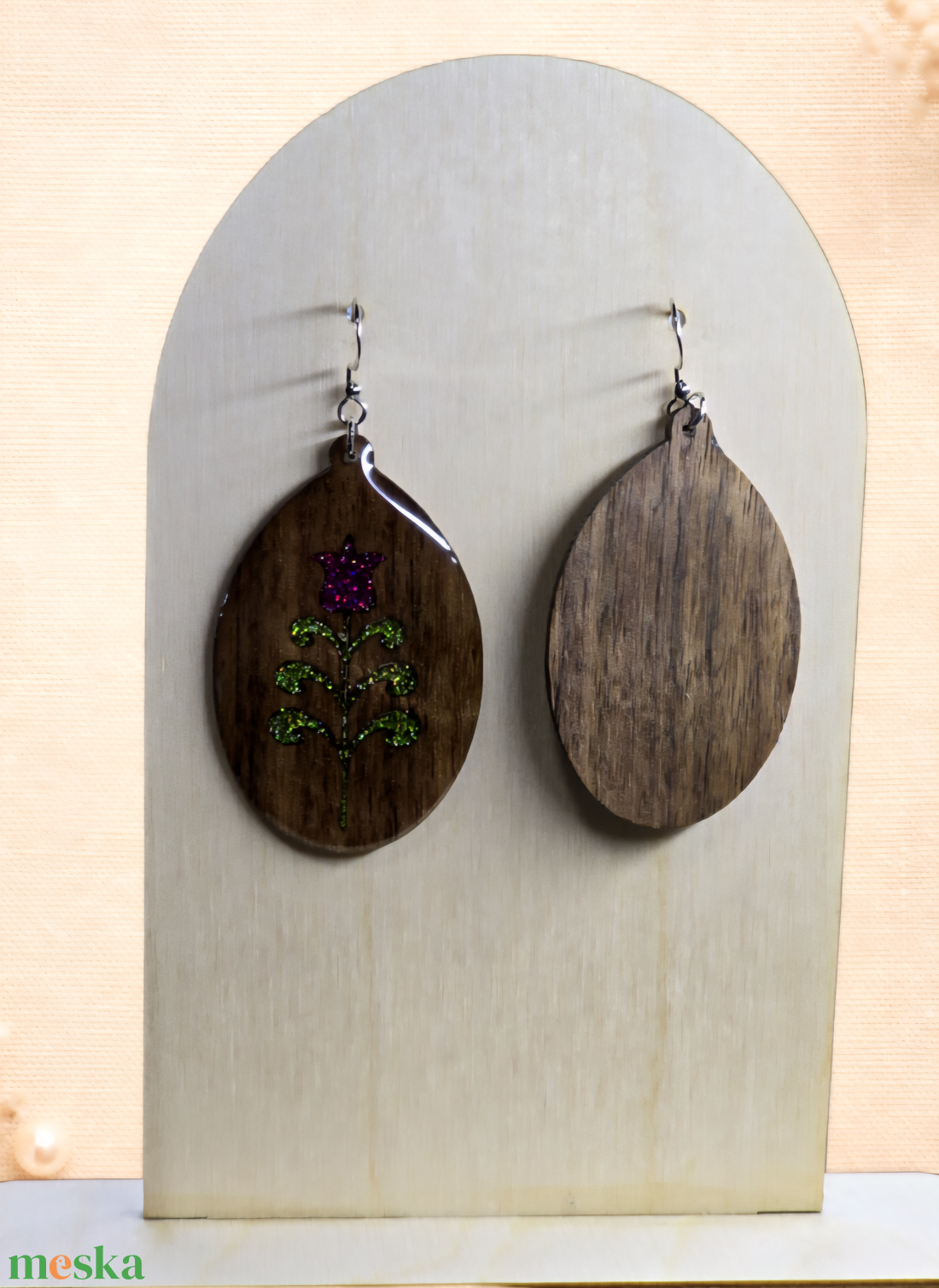 Csillámtulipán � kézzel készült fa fülbevaló - ékszer - fülbevaló - lógó csepp fülbevaló - Meska.hu