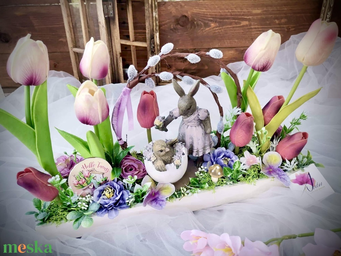 Tavaszi vintage nyuszi asztaldísz, húsvéti tulipán dekoráció - otthon & életmód - dekoráció - asztal és polc dekoráció - asztaldísz - Meska.hu