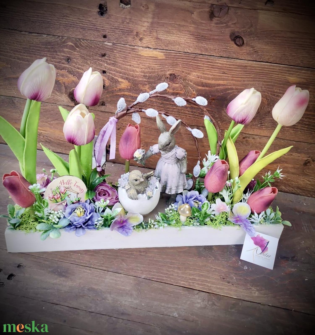 Tavaszi vintage nyuszi asztaldísz, húsvéti tulipán dekoráció - otthon & életmód - dekoráció - asztal és polc dekoráció - asztaldísz - Meska.hu