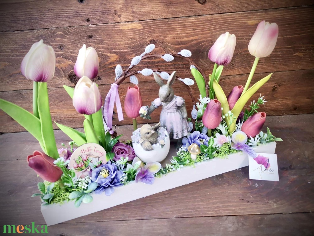 Tavaszi vintage nyuszi asztaldísz, húsvéti tulipán dekoráció - otthon & életmód - dekoráció - asztal és polc dekoráció - asztaldísz - Meska.hu