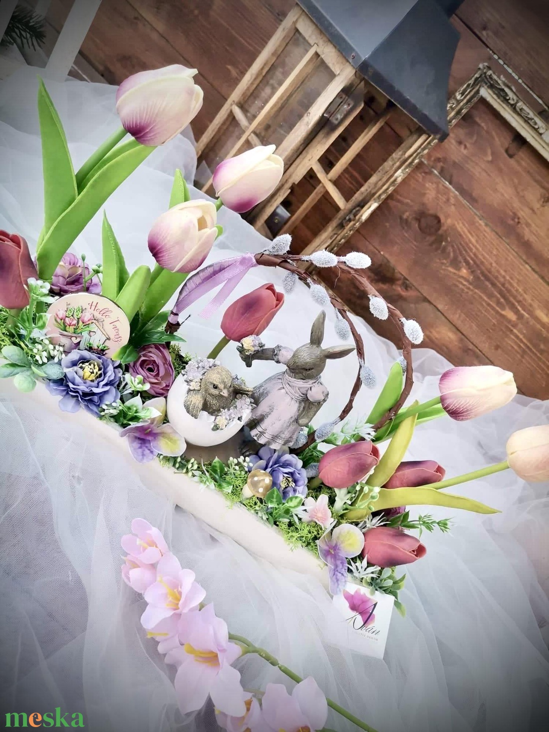 Tavaszi vintage nyuszi asztaldísz, húsvéti tulipán dekoráció - otthon & életmód - dekoráció - asztal és polc dekoráció - asztaldísz - Meska.hu