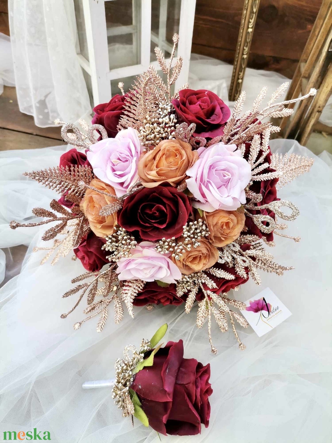 Rosegold, bordó Menyasszonyi csokor örök, csokor örökcsokor szett, esküvői virág, örökvirág - esküvő - menyasszonyi- és dobócsokor - Meska.hu