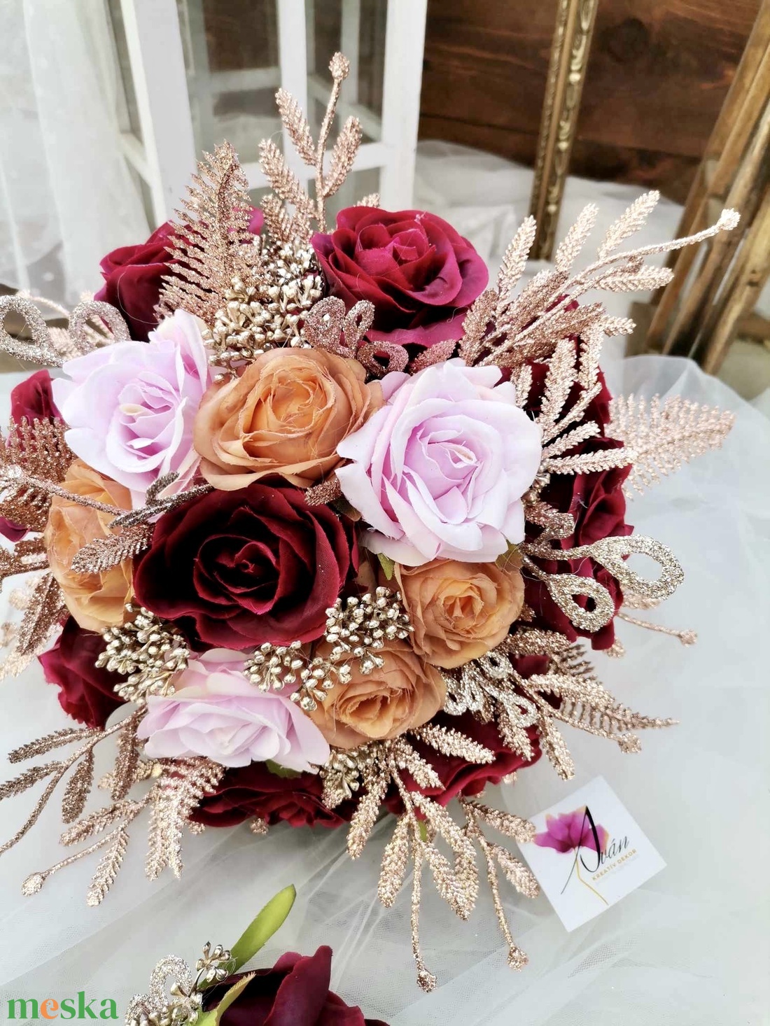 Rosegold, bordó Menyasszonyi csokor örök, csokor örökcsokor szett, esküvői virág, örökvirág - esküvő - menyasszonyi- és dobócsokor - Meska.hu