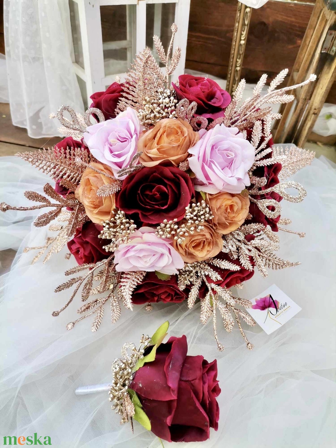 Rosegold, bordó Menyasszonyi csokor örök, csokor örökcsokor szett, esküvői virág, örökvirág - esküvő - menyasszonyi- és dobócsokor - Meska.hu