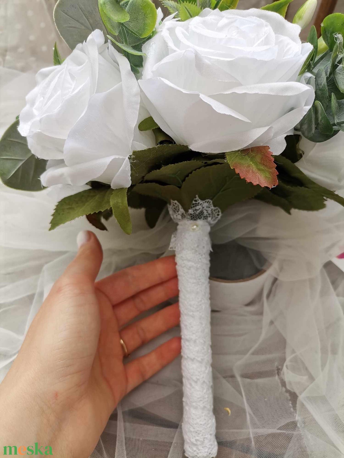 Pasztell Menyasszonyi csokor örök, csokor örökcsokor, fehér rózsa latte csokor - esküvő - menyasszonyi- és dobócsokor - Meska.hu