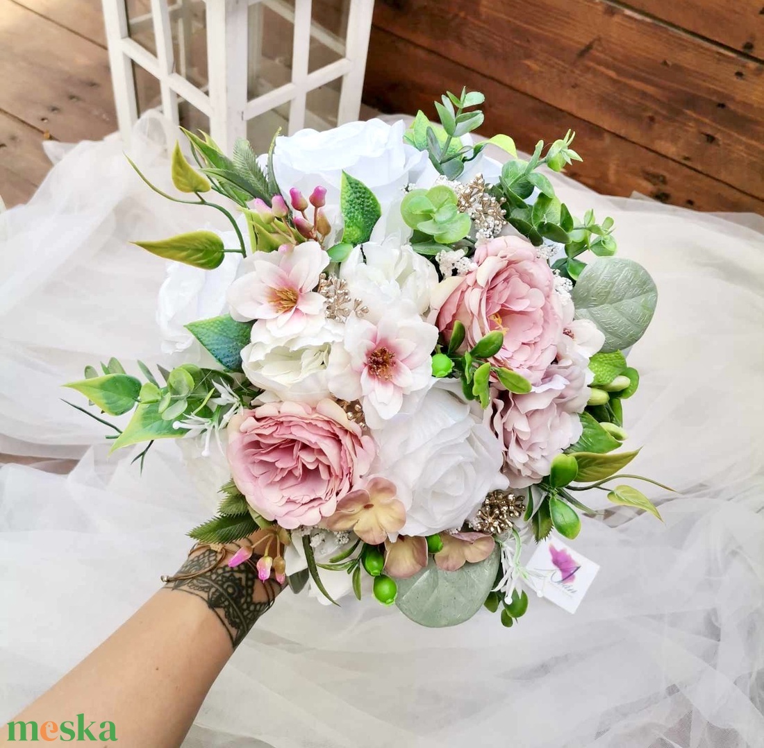 Pasztell Menyasszonyi csokor örök, csokor örökcsokor, fehér rózsa latte csokor - esküvő - menyasszonyi- és dobócsokor - Meska.hu