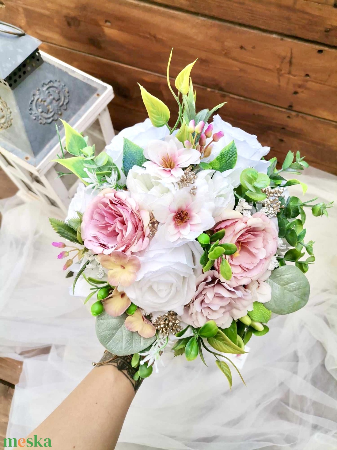 Pasztell Menyasszonyi csokor örök, csokor örökcsokor, fehér rózsa latte csokor - esküvő - menyasszonyi- és dobócsokor - Meska.hu