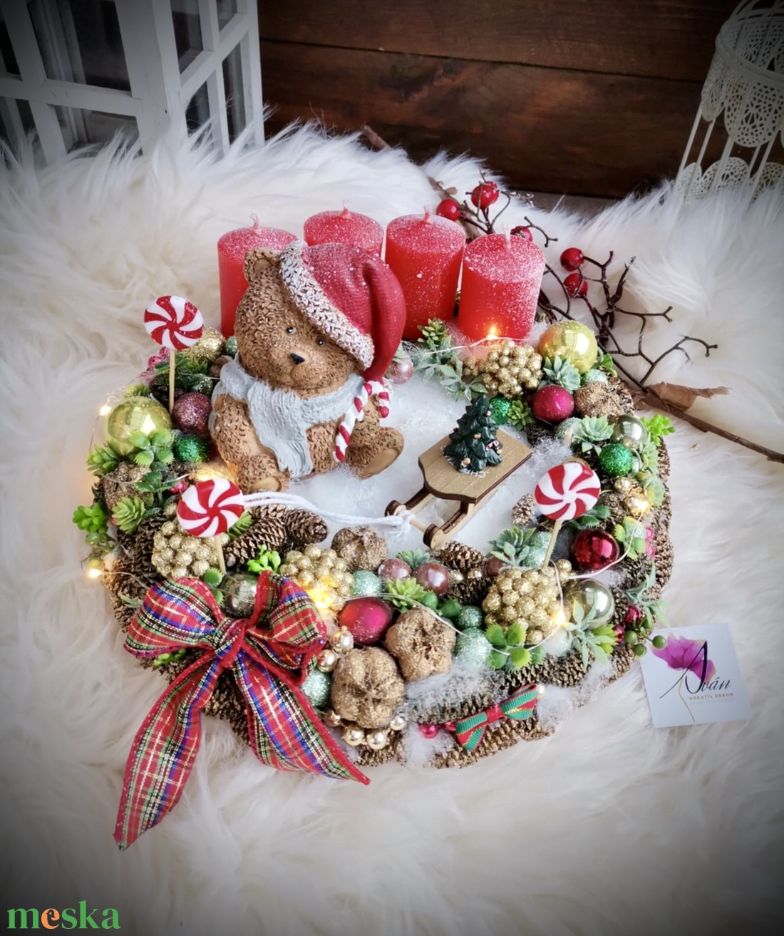 AKCIÓ! Adventi koszorú, világító koszorú,  Maci világító  adventi koszorú, Karácsonyi dekoráció, asztaldísz - karácsony - adventi díszek - adventi koszorú - Meska.hu