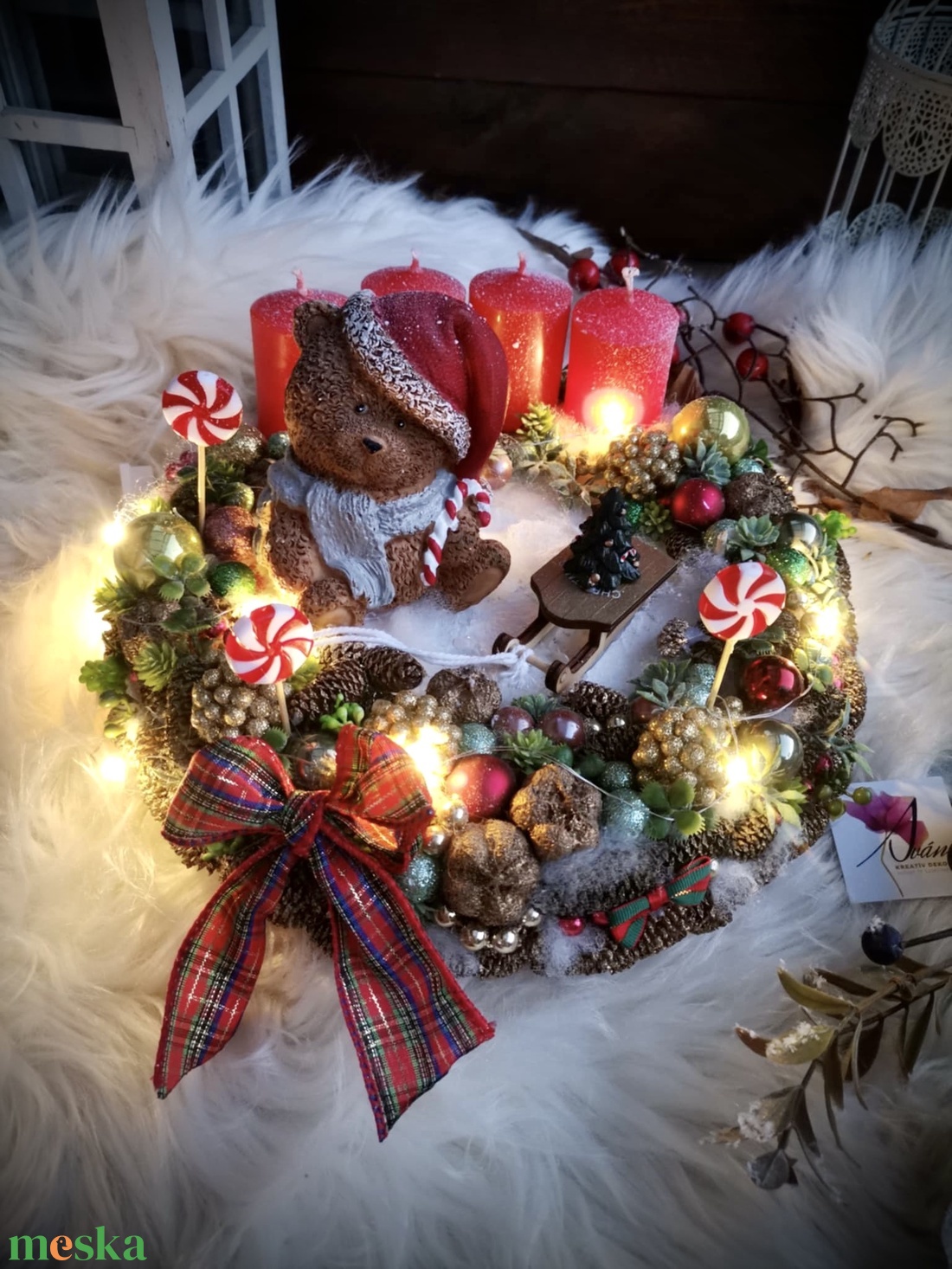 AKCIÓ! Adventi koszorú, világító koszorú,  Maci világító  adventi koszorú, Karácsonyi dekoráció, asztaldísz - karácsony - adventi díszek - adventi koszorú - Meska.hu