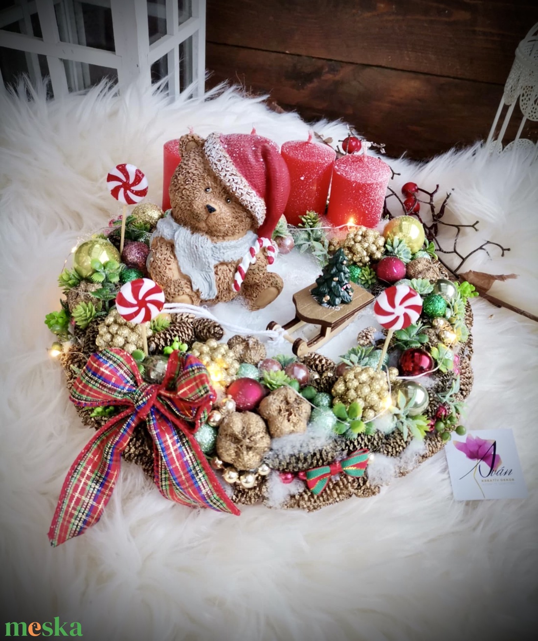 AKCIÓ! Adventi koszorú, világító koszorú,  Maci világító  adventi koszorú, Karácsonyi dekoráció, asztaldísz - karácsony - adventi díszek - adventi koszorú - Meska.hu