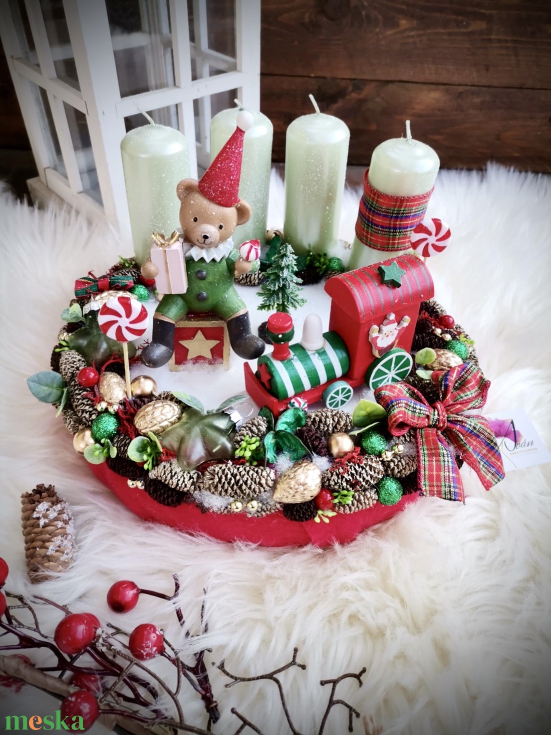 Világító retro mackó adventi koszorú, karácsonyi asztaldísz  - karácsony - adventi díszek - adventi koszorú - Meska.hu