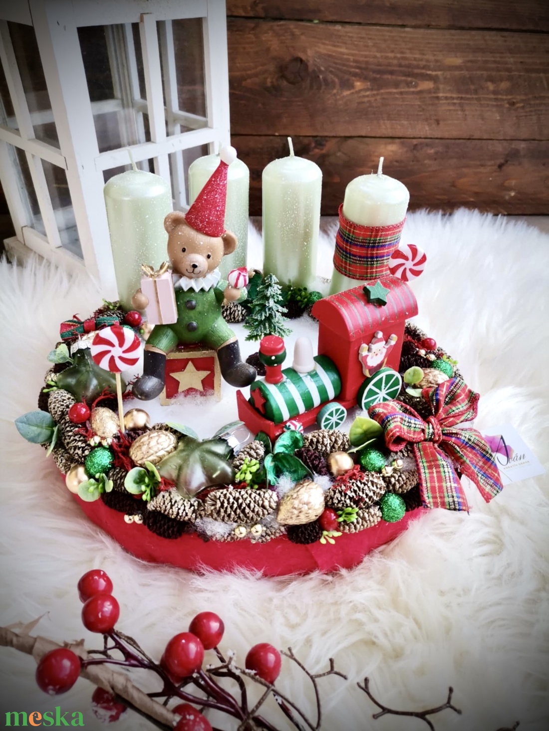 Világító retro mackó adventi koszorú, karácsonyi asztaldísz  - karácsony - adventi díszek - adventi koszorú - Meska.hu