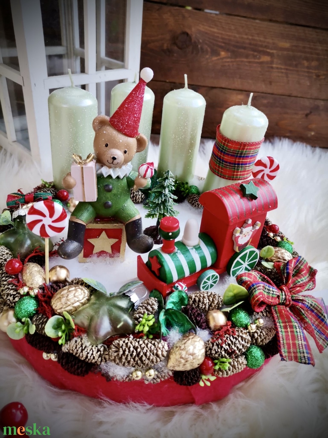 Világító retro mackó adventi koszorú, karácsonyi asztaldísz  - karácsony - adventi díszek - adventi koszorú - Meska.hu