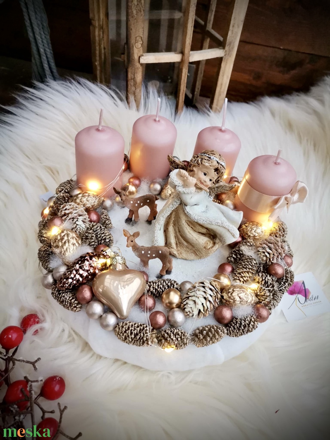 Világító adventi koszorú , angyal koszorú, karácsonyi asztaldísz dekoráció   - karácsony - adventi díszek - adventi koszorú - Meska.hu