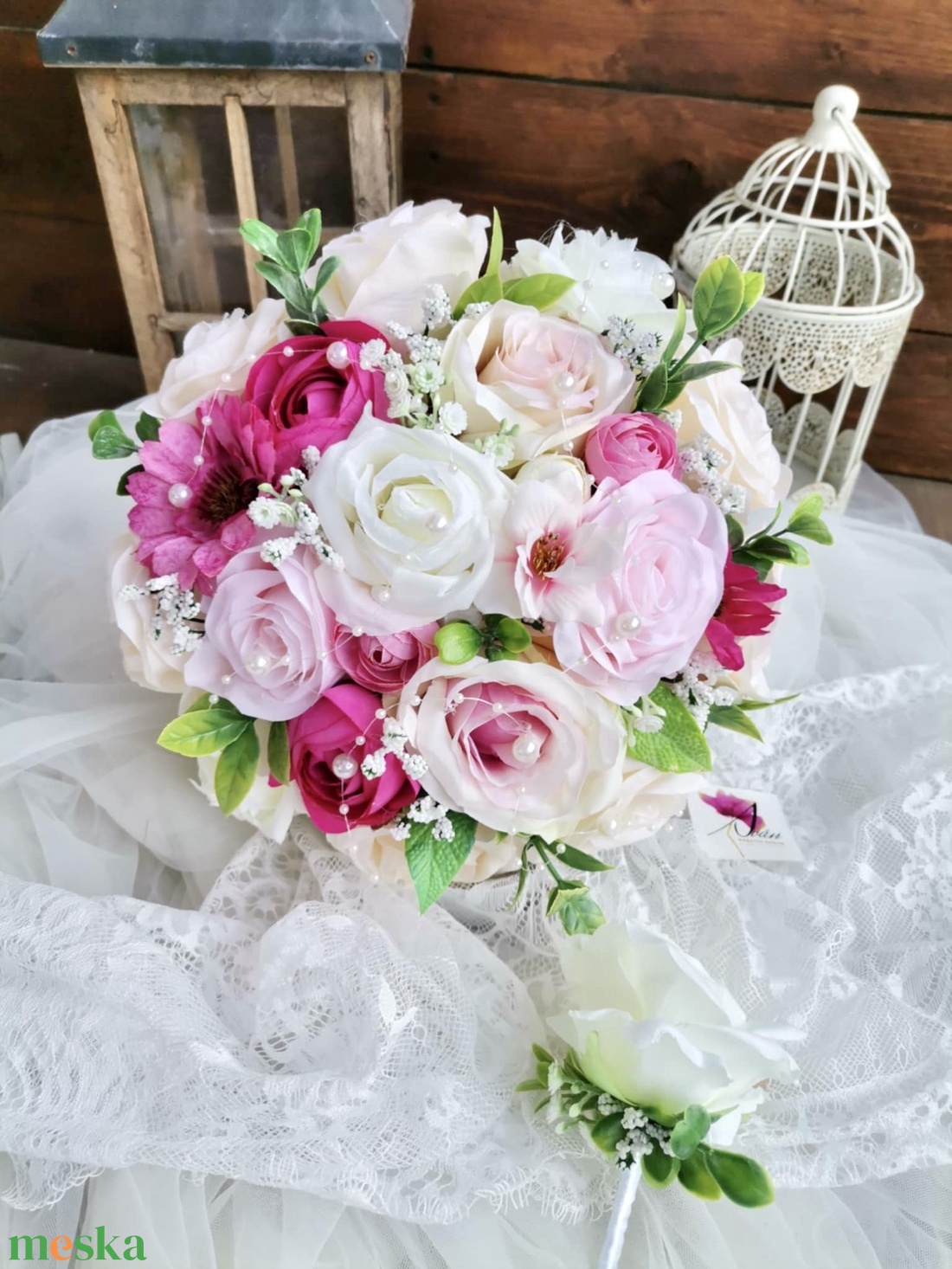 Pasztell magenta  menyasszonyi csokor, örökcsokor, selyemvirág csokor kitűzővel (Kék_pasztell) - esküvő - menyasszonyi- és dobócsokor - Meska.hu