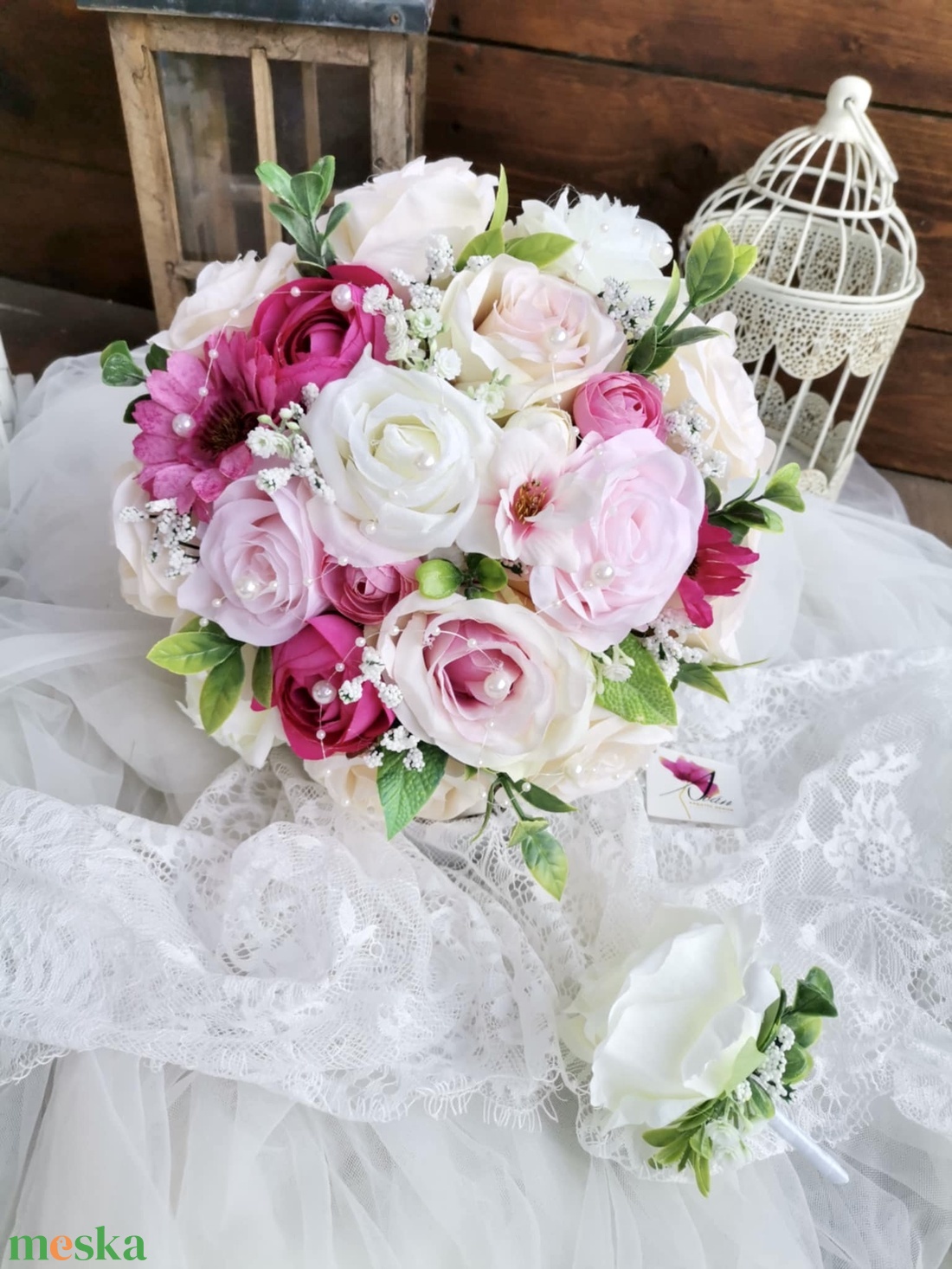 Pasztell magenta  menyasszonyi csokor, örökcsokor, selyemvirág csokor kitűzővel (Kék_pasztell) - esküvő - menyasszonyi- és dobócsokor - Meska.hu