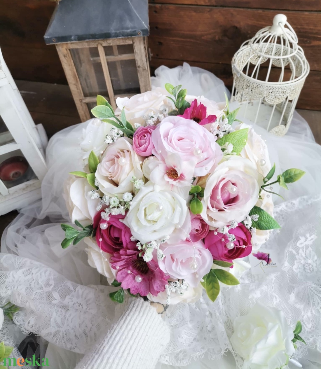 Pasztell magenta  menyasszonyi csokor, örökcsokor, selyemvirág csokor kitűzővel (Kék_pasztell) - esküvő - menyasszonyi- és dobócsokor - Meska.hu