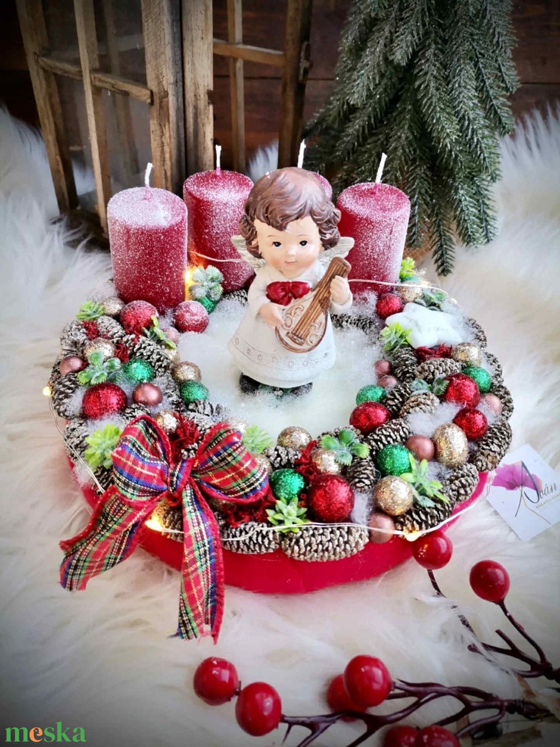 Világító, angyal adventi koszorú, adventi dísz - karácsony - adventi díszek - adventi koszorú - Meska.hu