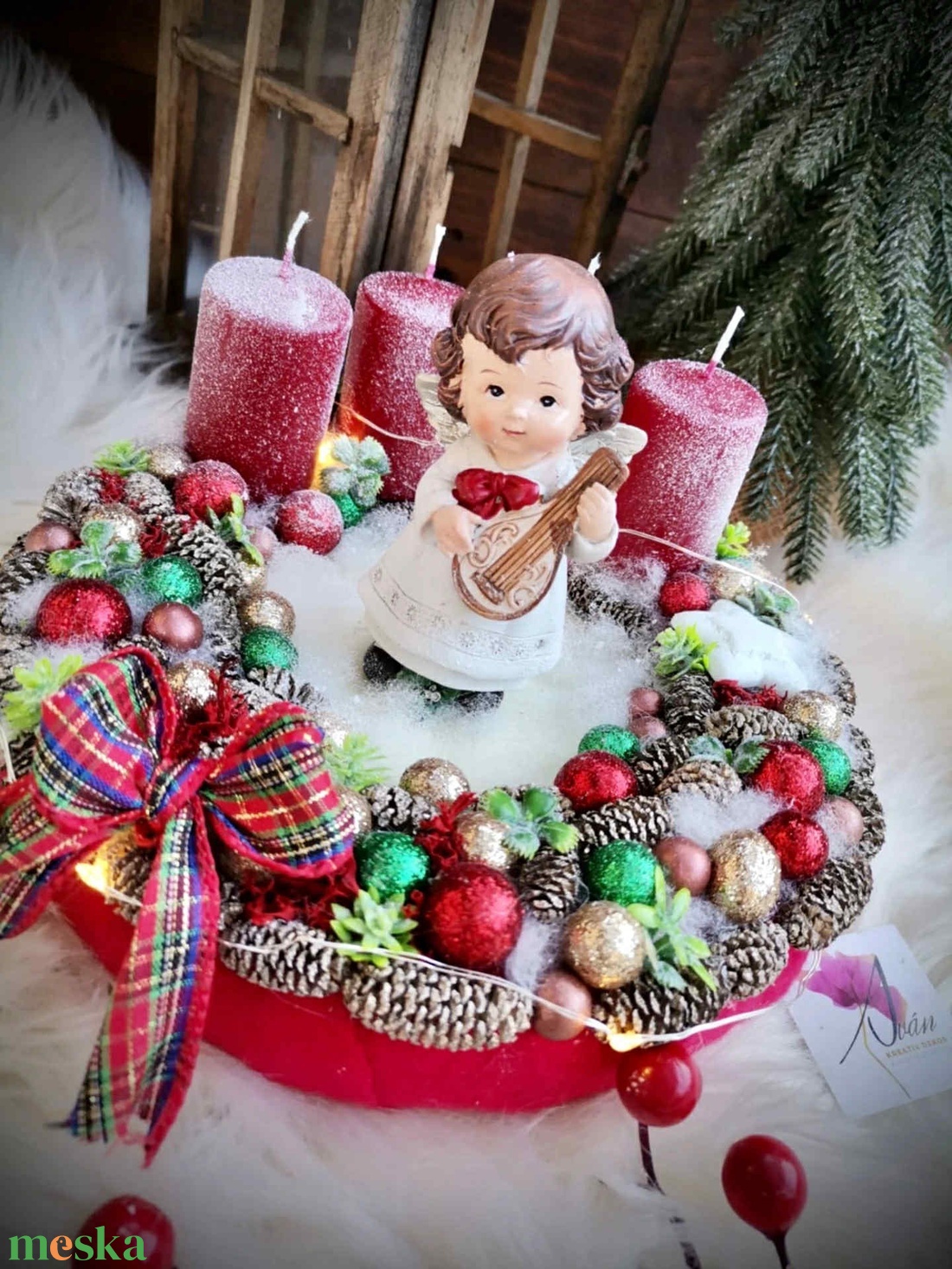 Világító, angyal adventi koszorú, adventi dísz - karácsony - adventi díszek - adventi koszorú - Meska.hu