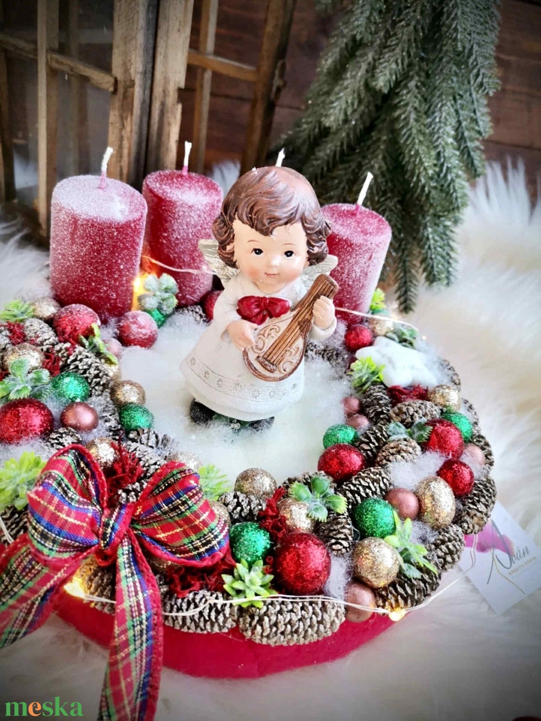 Világító, angyal adventi koszorú, adventi dísz - karácsony - adventi díszek - adventi koszorú - Meska.hu