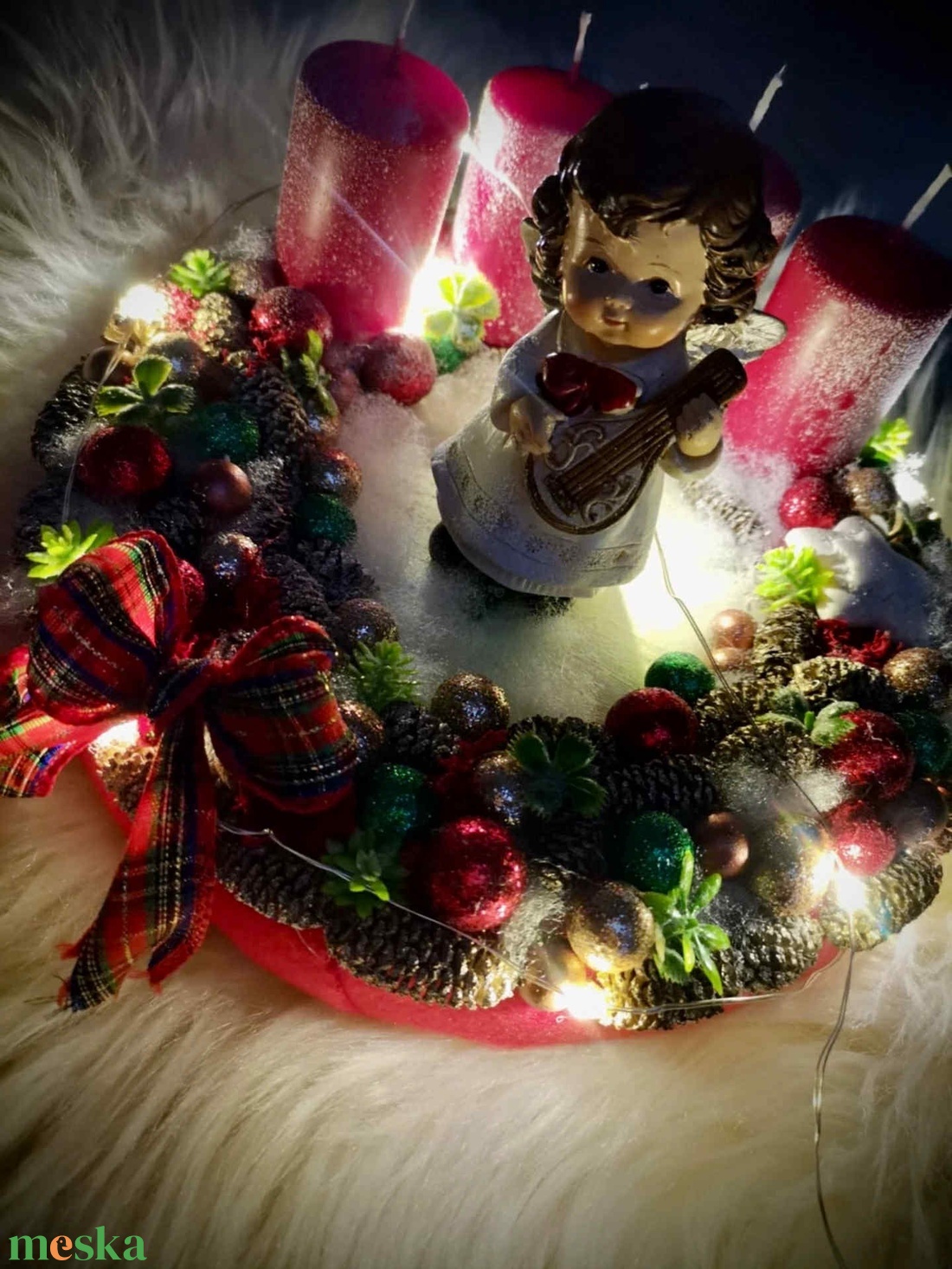 Világító, angyal adventi koszorú, adventi dísz - karácsony - adventi díszek - adventi koszorú - Meska.hu